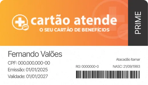 Cartão Atende Prime, cartão de benefícios com nome, CPF, data de emissão e validade